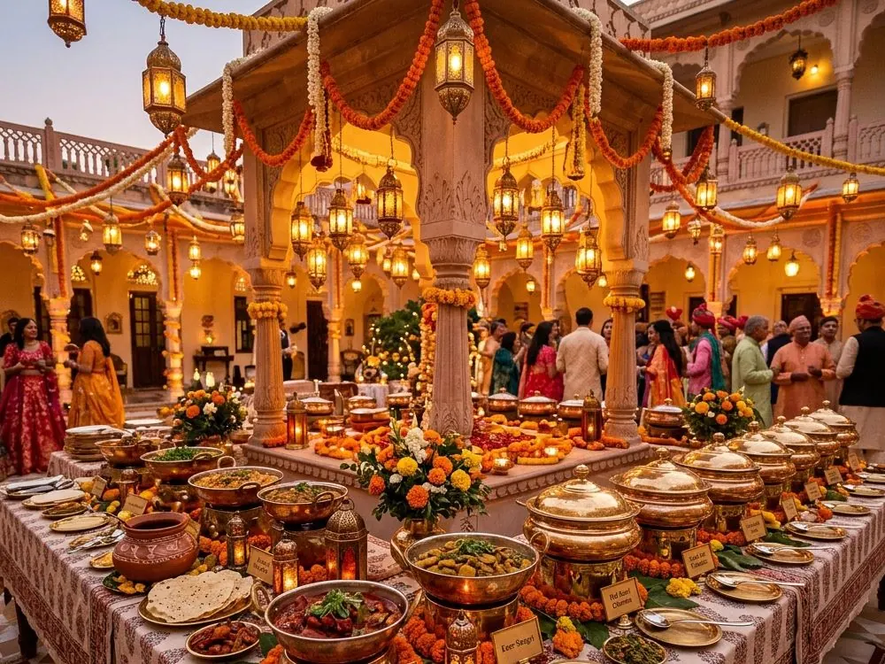A festive Rajasthani buffet with brass vessels and marigold garlands
