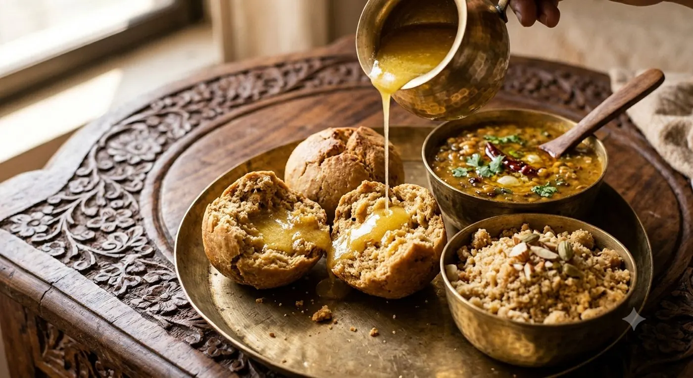 Ghee poured over broken baati with dal and churma