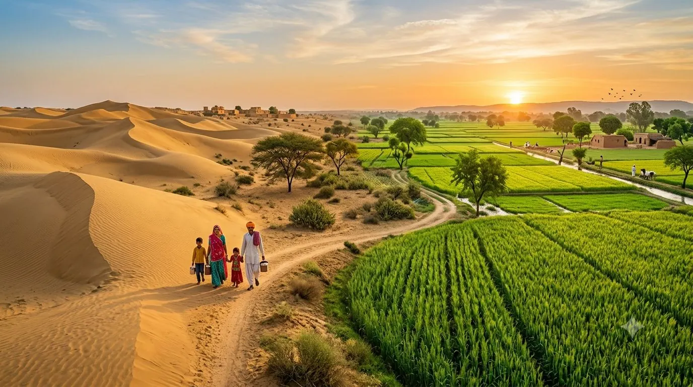 A Rajasthani family walking from desert dunes towards green fields at sunrise