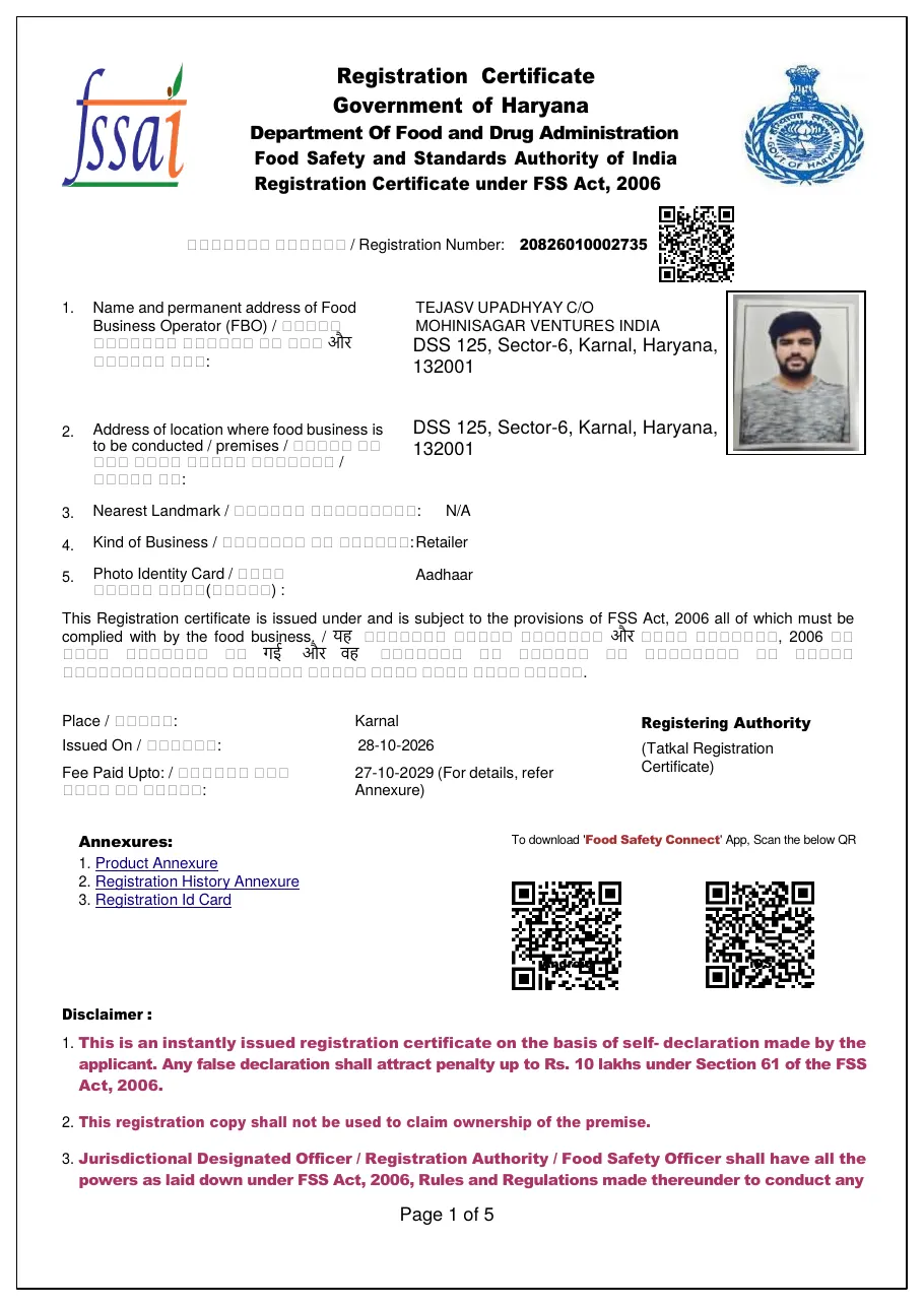 FSSAI registration certificate of Padharo Sa, Mohinisagar Ventures India, Karnal