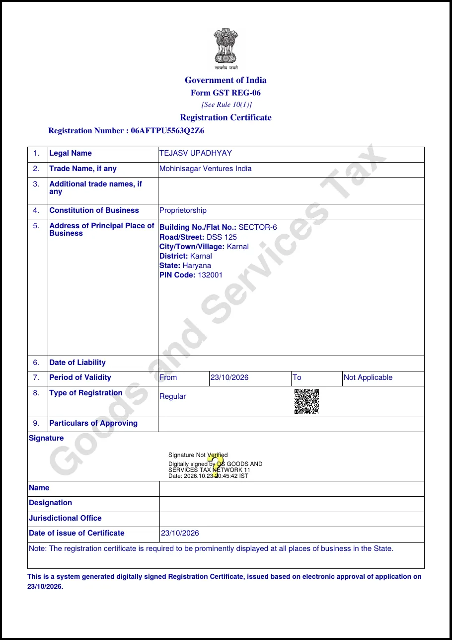 GST registration certificate (Form GST REG-06) of Mohinisagar Ventures India