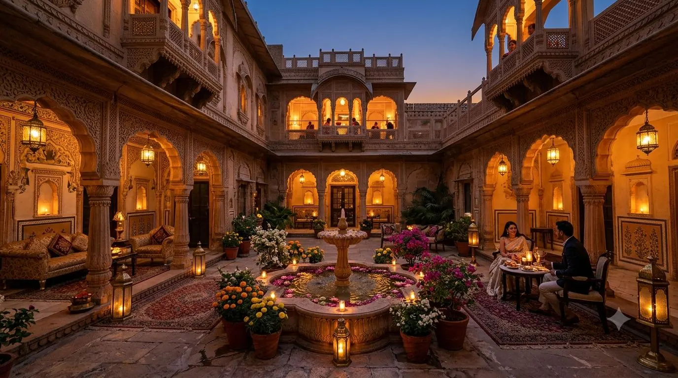 A heritage haveli courtyard at dusk