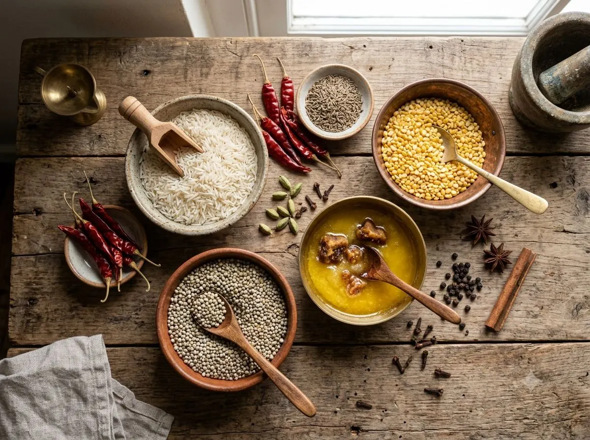 Basmati rice, bajra, moong dal, spices and desi ghee