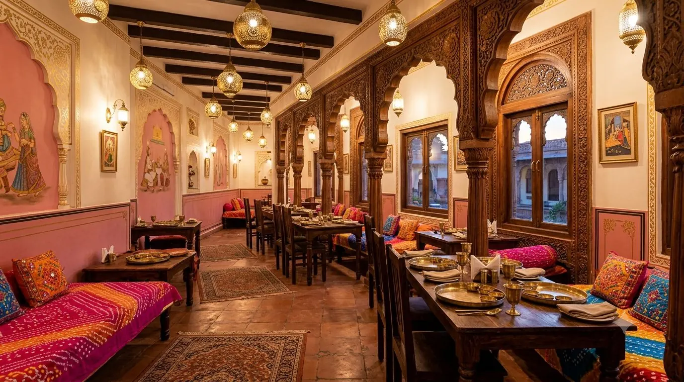 Padharo Sa dining room with carved wooden arches, brass lanterns and bandhani cushions