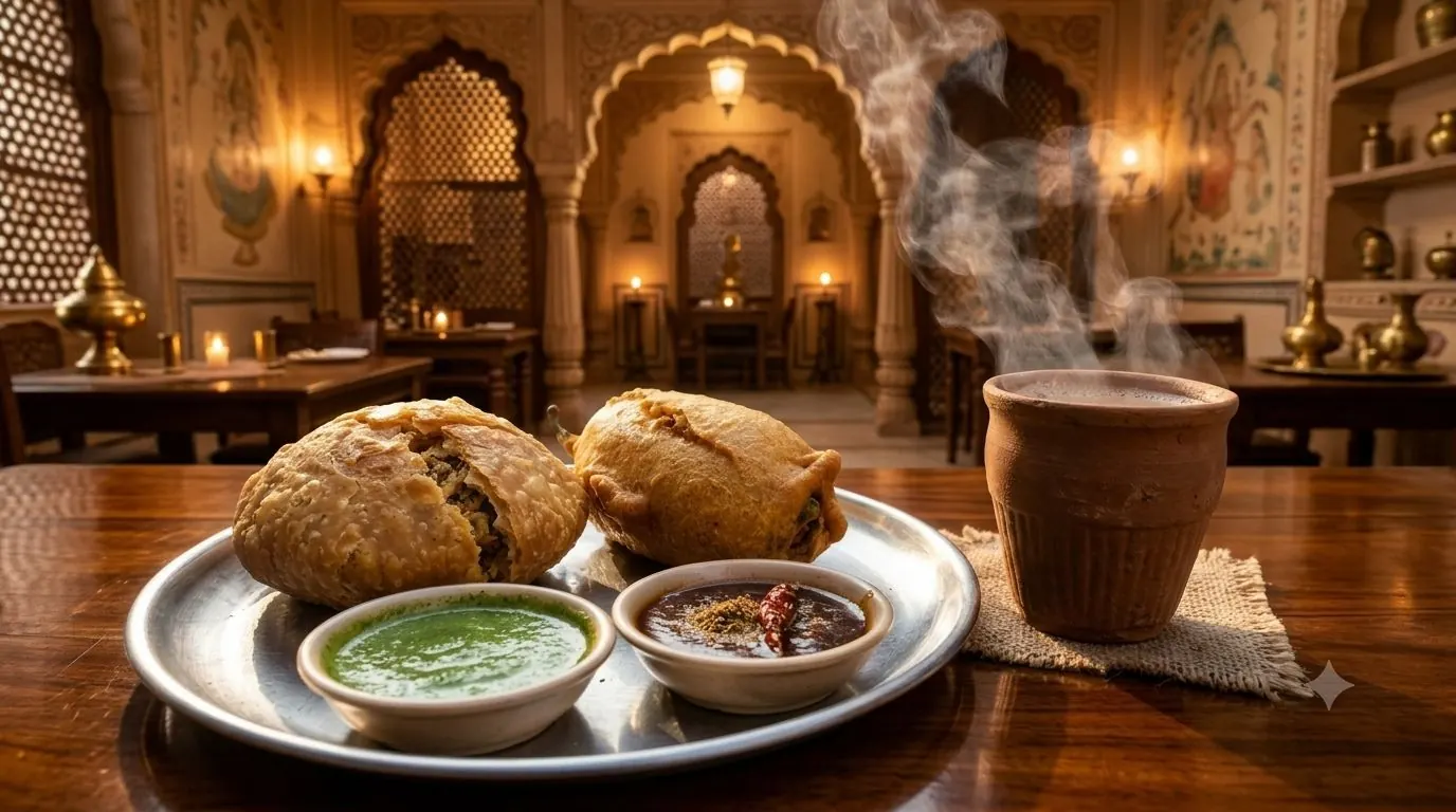 Pyaaz kachori and mirchi bada with chutneys and kulhad chai