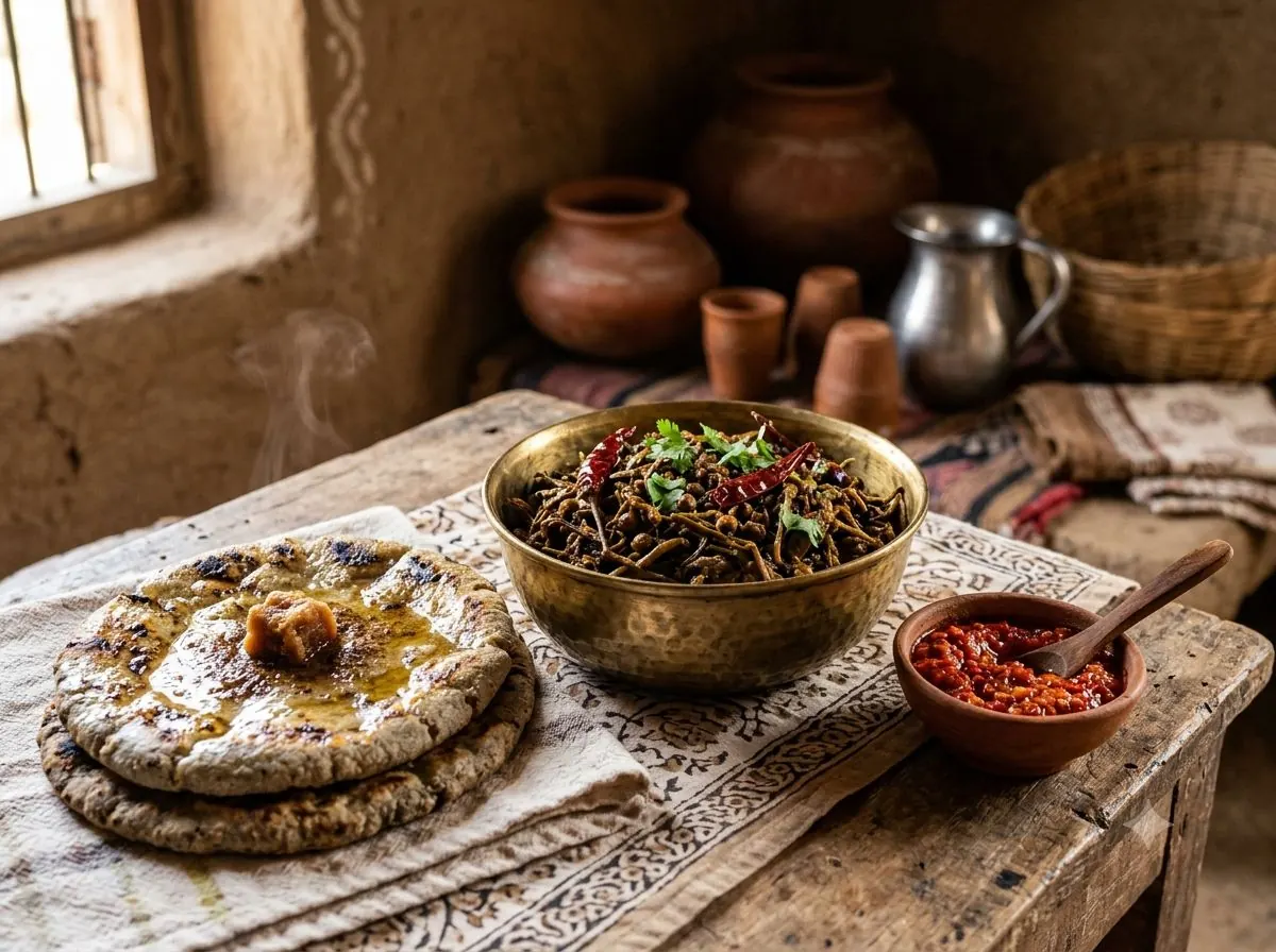 Ker sangri and bajra roti with garlic chutney in a desert kitchen