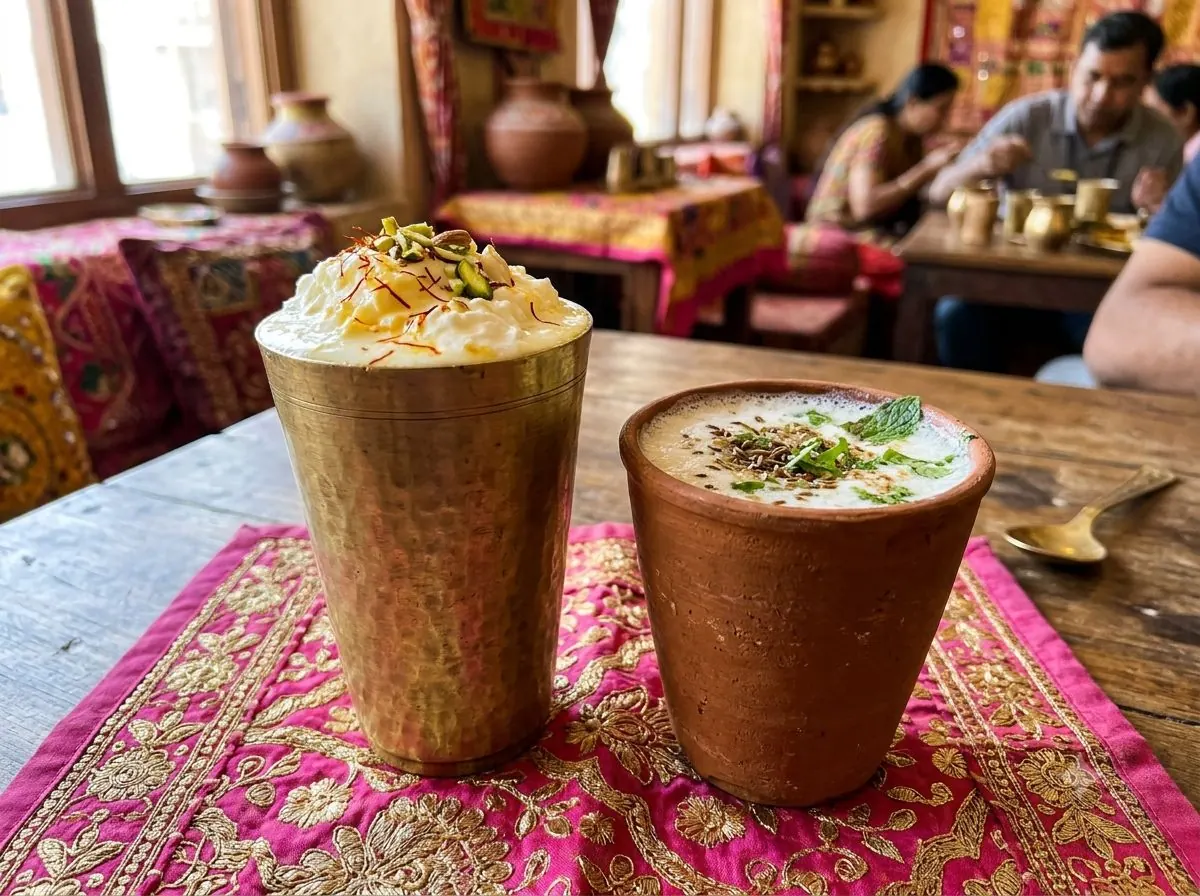 Makhaniya lassi in a brass glass and chaas in a kulhad