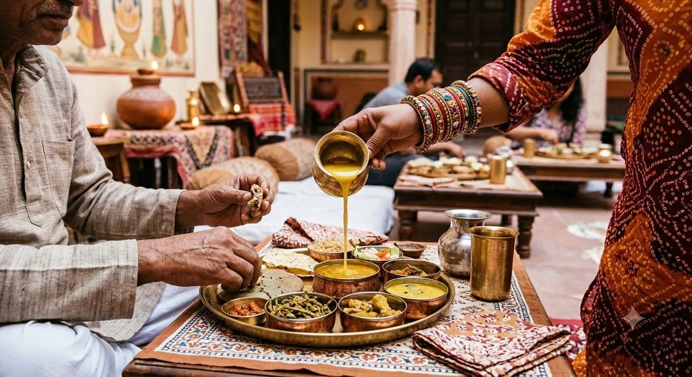 A host pouring kadhi onto a guest's Rajasthani thali
