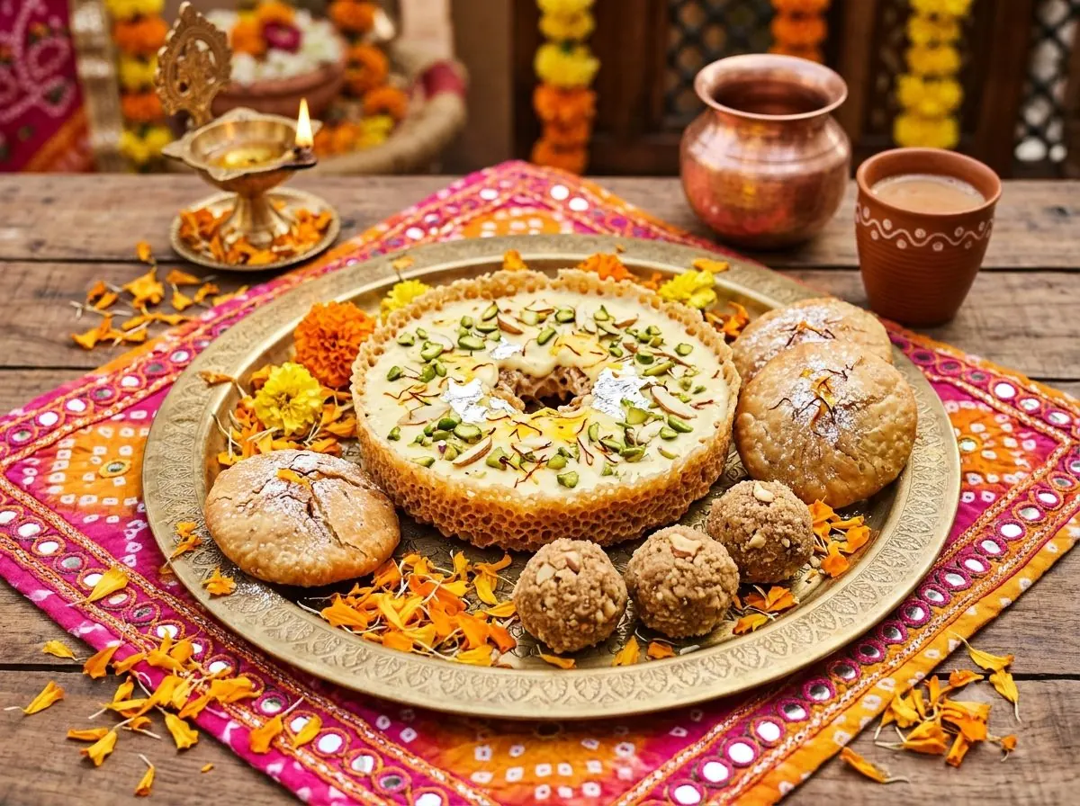 Churma laddoo with festive Rajasthani sweets on a brass tray