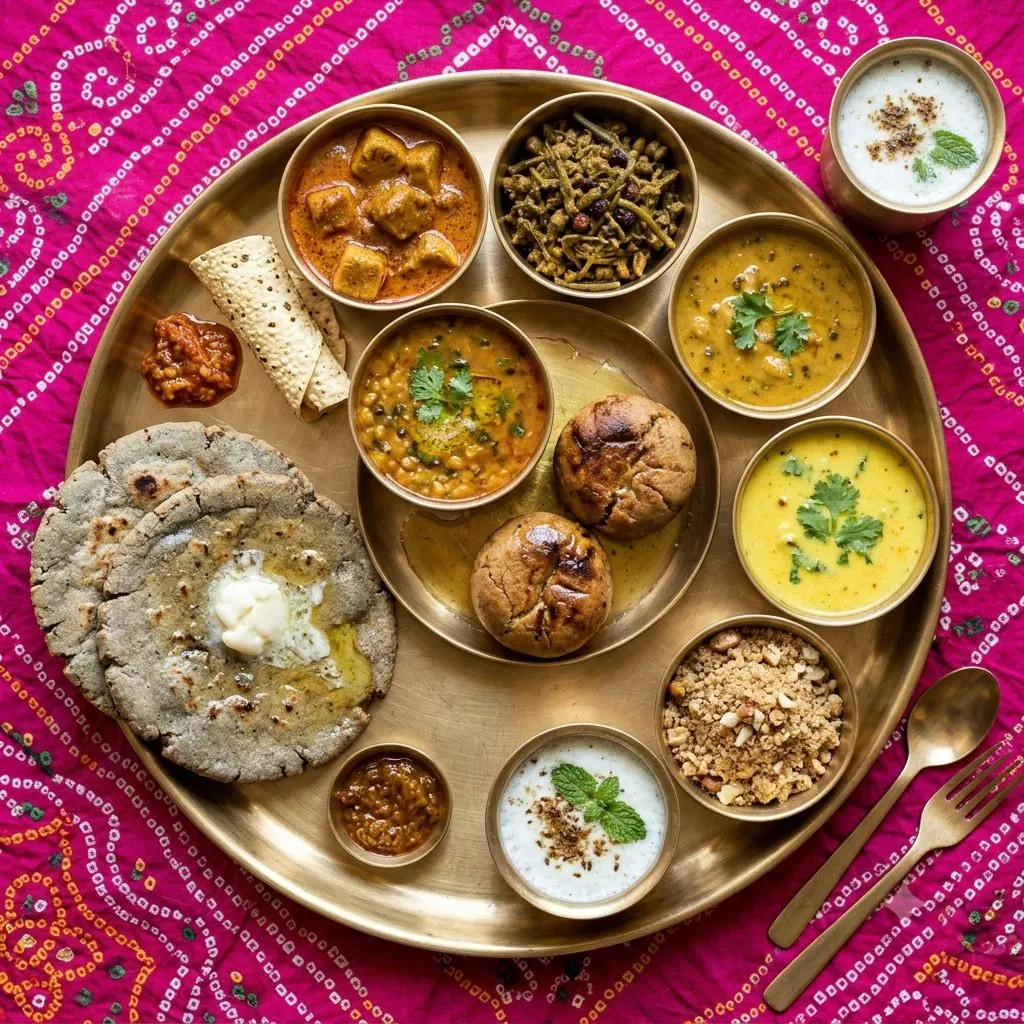 A Rajasthani thali on pink bandhani cloth