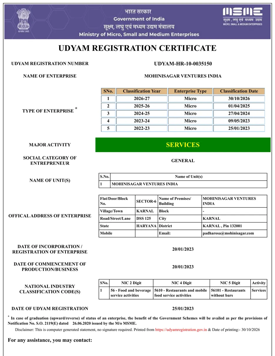 Udyam MSME registration certificate of Mohinisagar Ventures India