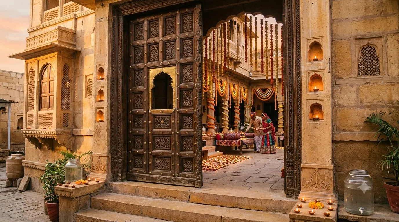 A carved haveli doorway opening onto a courtyard lit with diyas and marigold garlands